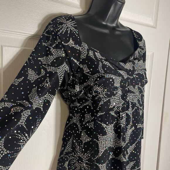 Vintage Y2K Dressbarn Shirt Women Medium Black Floral Silver Sparkle Babydoll - Picture 2 of 11